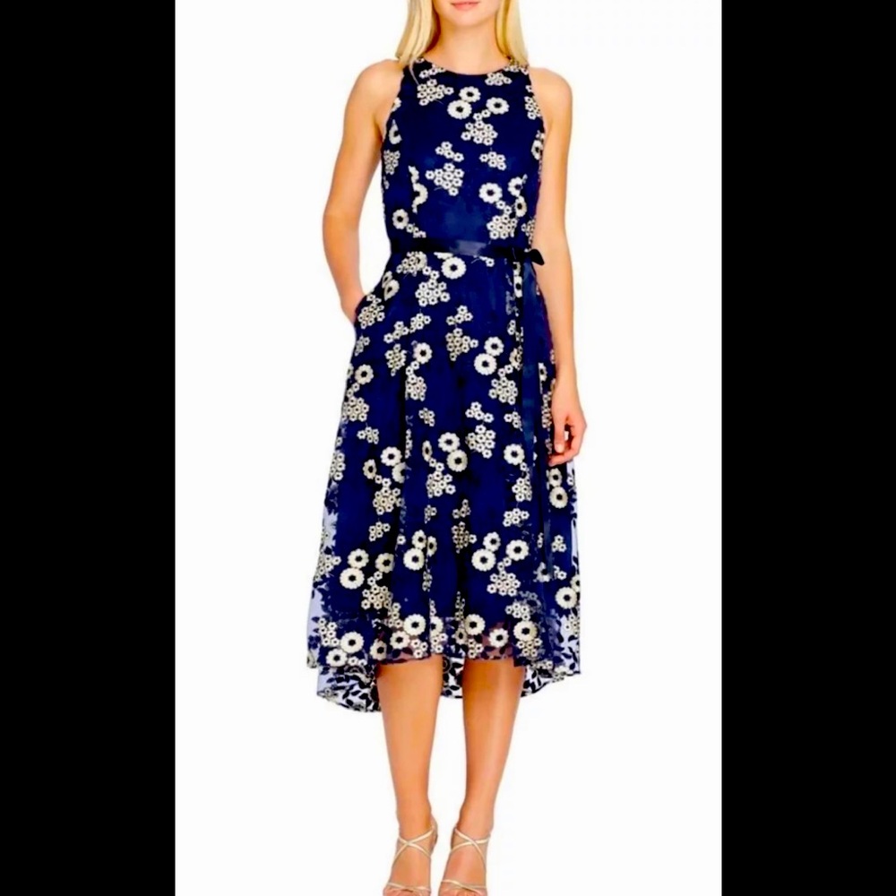 Tahari Arthur S. Levine Hi-Lo Navy & Gold Floral-Embroidered Midi Dress size 16